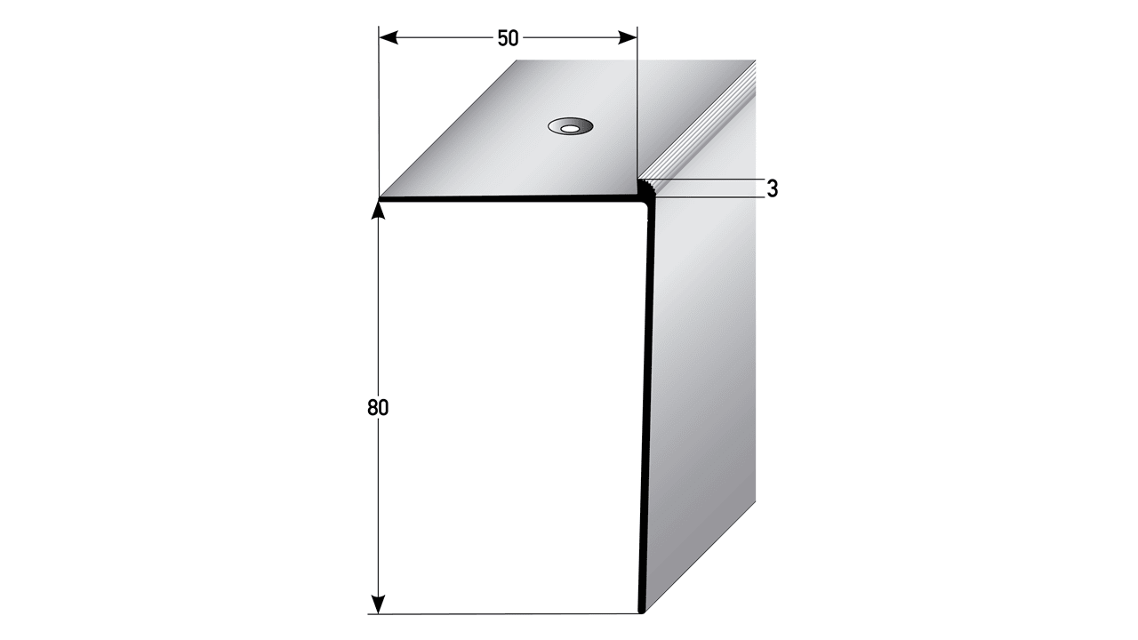 Die längste Überdeckung seit es Anschnitt-Treppenkanten gibt - unsere AMP-Anschnitt-Treppenkante 80 x 50 x 3 mm für 3mm Beläge mit einer Überdeckung der Setzstufe bis 80 mm, aus eloxiertem Aluminium!